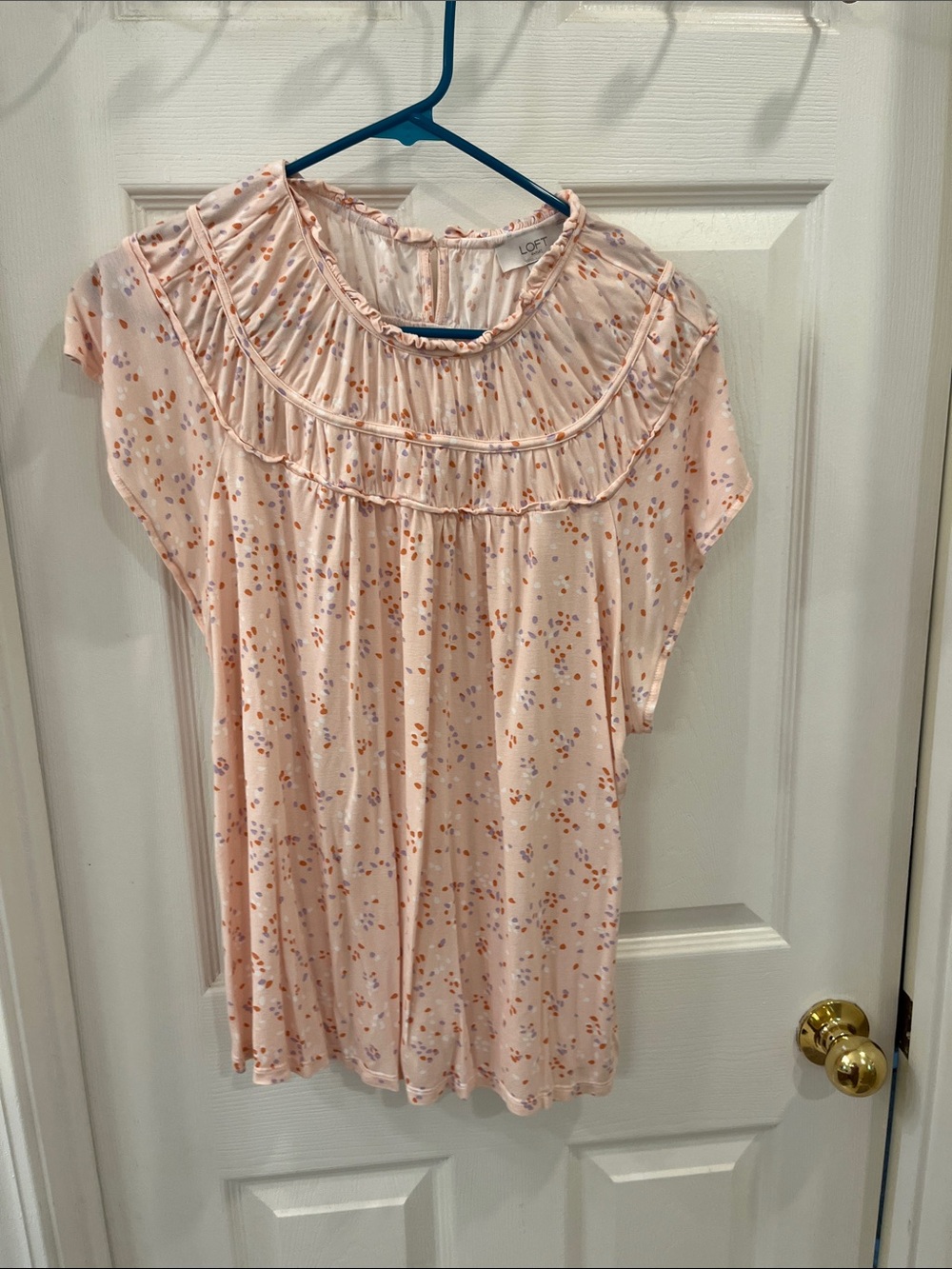 LOFT Light Pink Ruffle Yoke Floral Speckle Top
